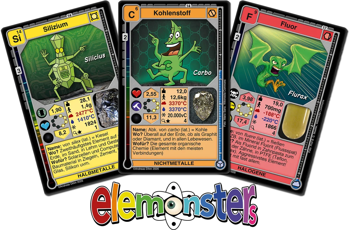 Drei überarbeitete Elemonsters-Karten