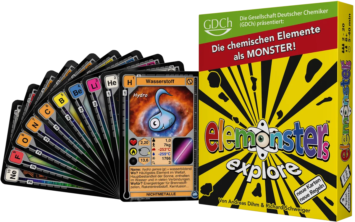 Elemonsters Explore: Schachtel mit aufgefächerten Karten